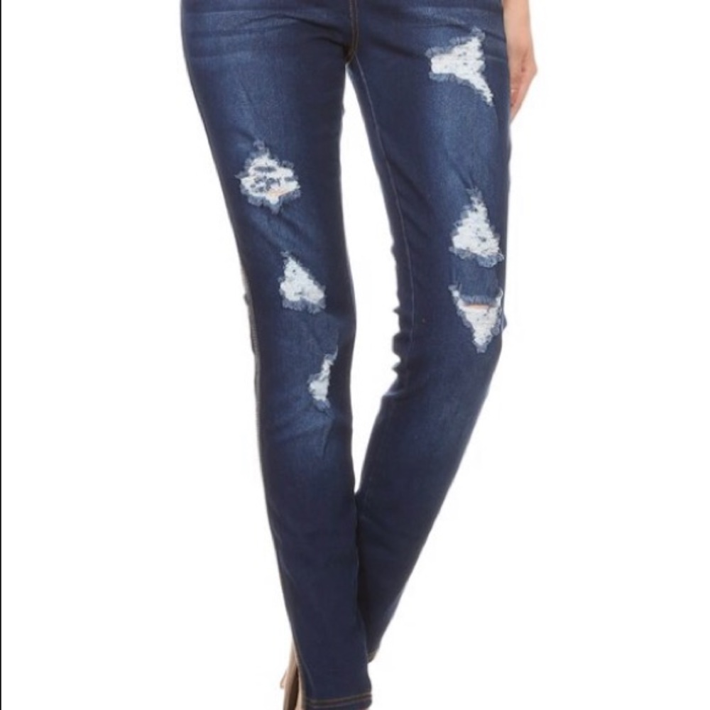 Distressed Denim Jeans with Elastic Waist Band